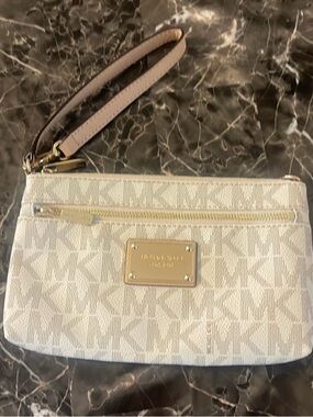 Michael Kors Neutral Beige Logo Canvas Wristlet with Pale Pink Strap
